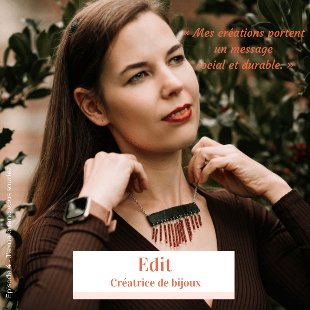 Portrait de Edit, créatrice de bijoux pour Tulipane Design, portant un collier artisanal rouge et noir, symbole de son engagement social et de son inspiration hongroise.