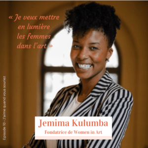 Portrait de Jemima Kulumba, fondatrice de Women in Art, portant une robe verte et une boucle d’oreille trombone qu’elle a créée elle-même.